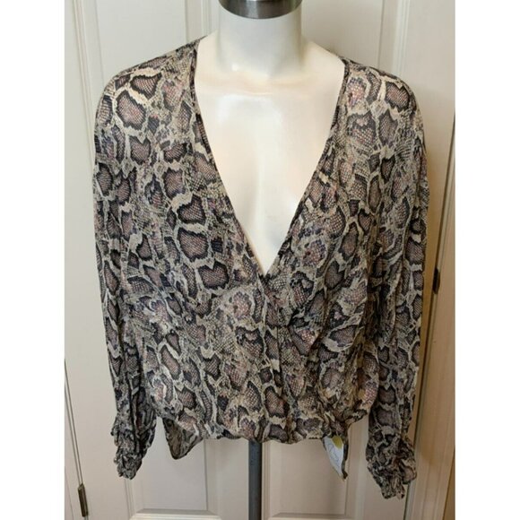 AllSaints Gray Pink Snakeskin Print Penny Misra Deep V Neck Top, Size Small - Picture 1 of 5